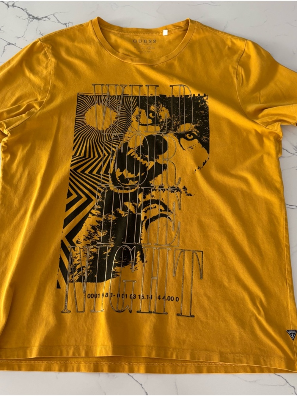 GUESS Men's Mustard Yellow Graphic Tee with Black Wolf Motif